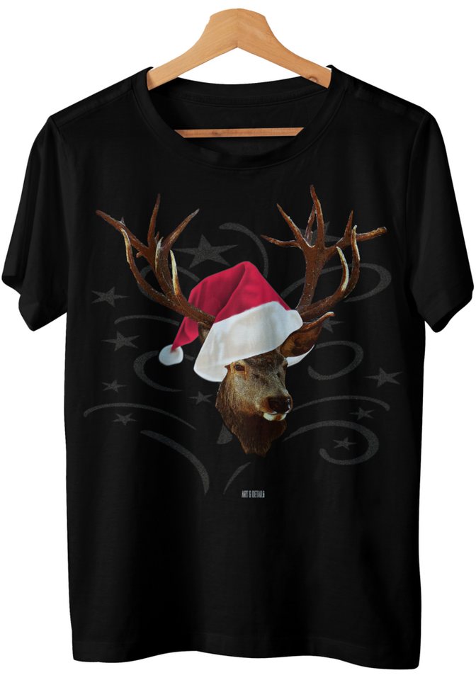 Art & Detail Shirt T-Shirt Weihnachten Design Hirsch mit Weihnachtsmütze Weihnachten von Art & Detail Shirt