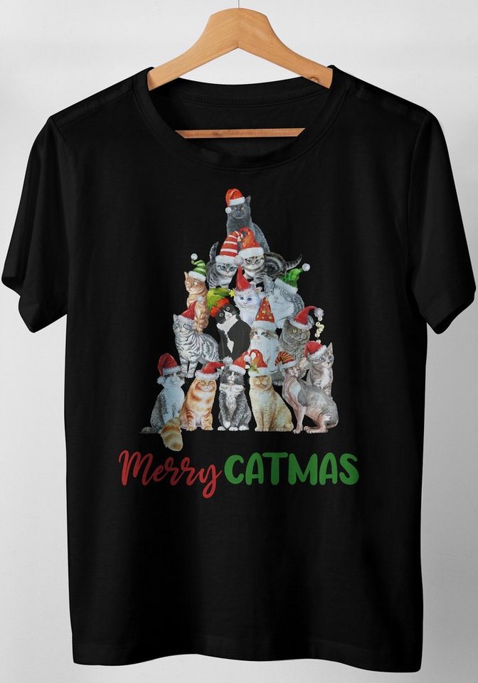 Art & Detail Shirt T-Shirt Weihnachten Design Merry Catmas Katzen Christbaum Weihnachtsmützen Katze von Art & Detail Shirt