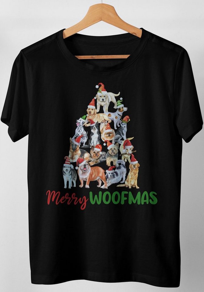 Art & Detail Shirt T-Shirt Weihnachten Design Merry Woofmas Hunde Christbaum Weihnachtsmützen Weihnachten von Art & Detail Shirt