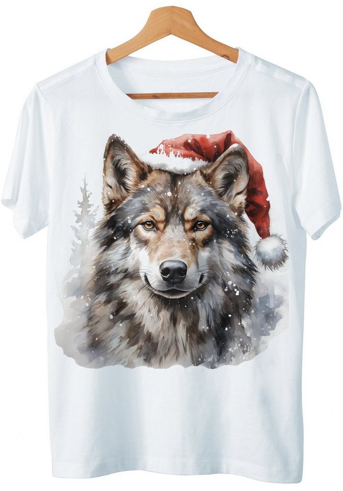 Art & Detail Shirt T-Shirt Weihnachten Design Wolf mit Weihnachtsmütze für Damen und Herren Geschenk, Weihnachten, Hund, Husky von Art & Detail Shirt