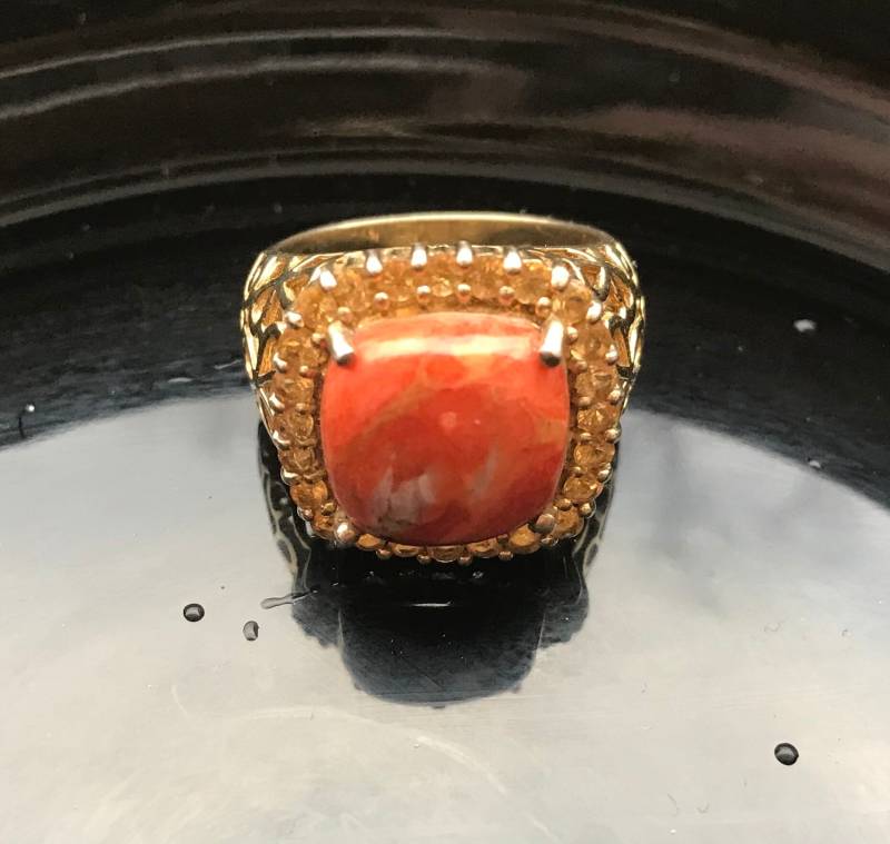 Vintage Silber Orange Jaspis Und Citrine - Durchbrochener Openwork Dome Multi-stein-statement Ring, Naturstein, Größe 7 Vintage Silber Orange Jaspis Und Citrine - Durchbrochener Openwork Dome Multi-stein-statement Ring, Naturstein, Größe 7 von ArtAndAntiquesStudio
