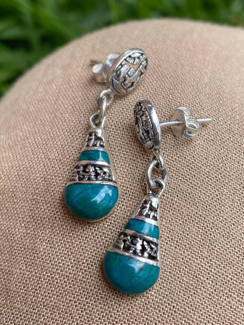 Silber Inka Geschichte Ohrringe Mit Chrysokolla Stein von ArtAndean