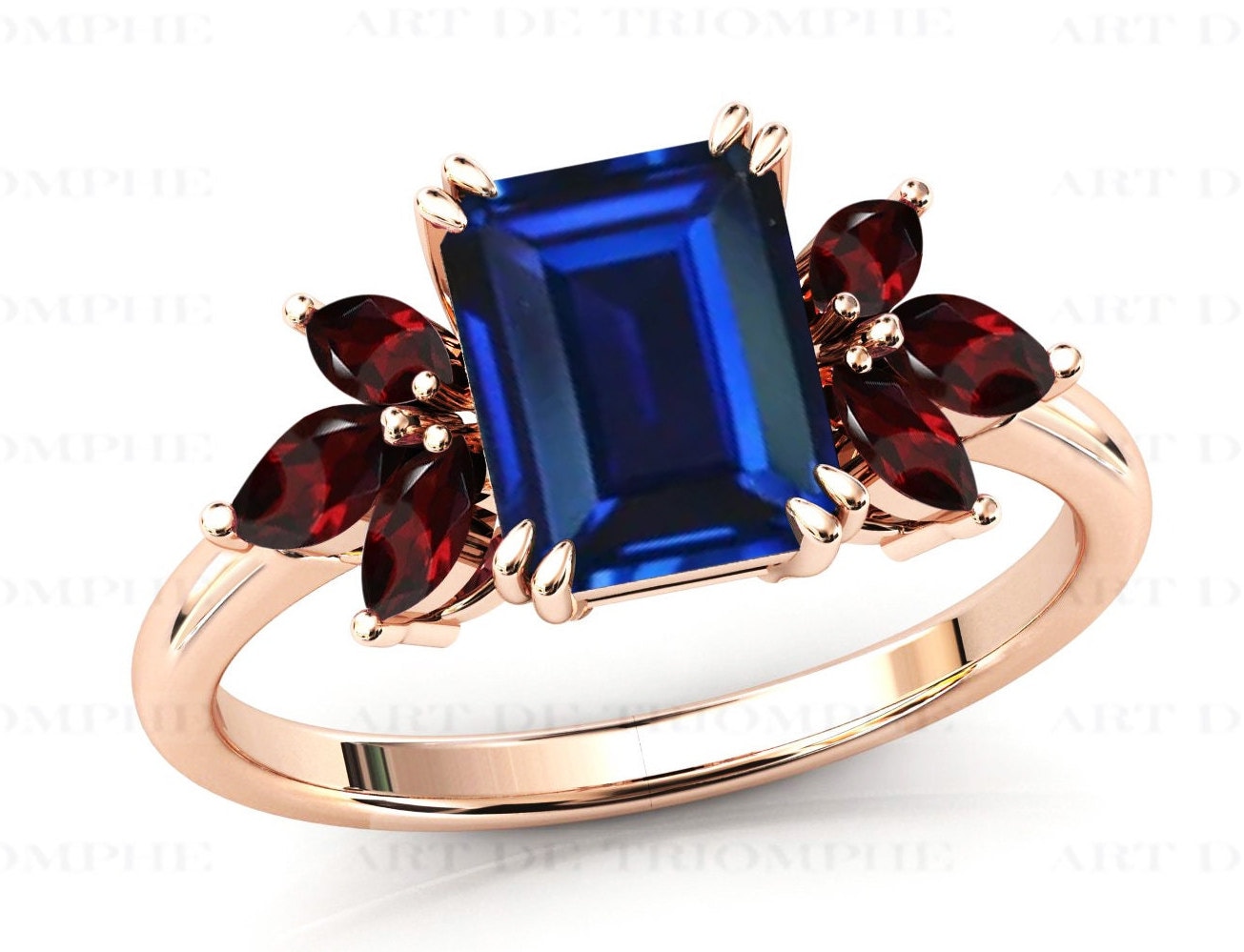 Art Deco Blauer Saphir Verlobungsring Natur Rot Granat Ring Vintage Smaragd Schliff Blau Ehering Unikat Frauen Jahrestag Geschenk von ArtDeTriumphIN