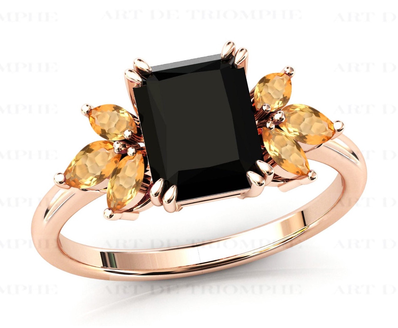 Art Deco Schwarzer Onyx Verlobungsring 14K Gold Vintage Cluster Ehering Natürlicher Citrin Ring Für Frauen Jahrestag Versprechensring von ArtDeTriumphIN