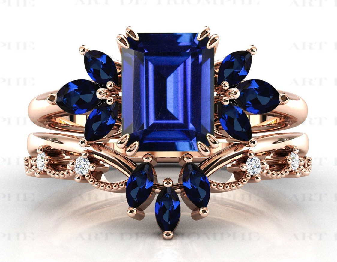 Einzigartiger Tansanit Verlobungsring Set Für Frauen Art Deco Vintage Cluster Ehering Jahrestag Geschenk Blau Saphir Ring von ArtDeTriumphIN
