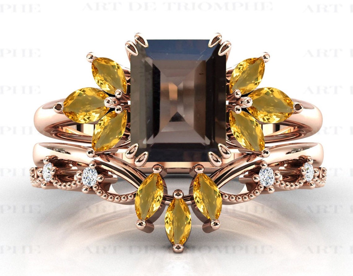 Natürliche Rauchquarz Verlobungsring Set Für Frauen Art Deco Ehering 14K Gold Citrin Braut Ring Jubiläumsgeschenk von ArtDeTriumphIN