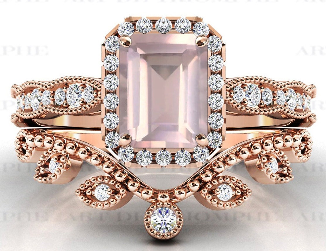Natürlicher Rosenquarz Verlobungsring Set Für Frauen Vintage Ehering Sterling Silber Braut Ring von ArtDeTriumphIN