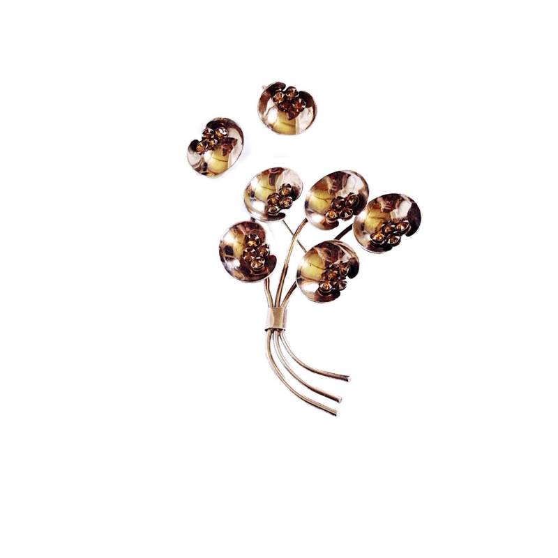 Vintage Art Deco Sterling Silber Schmuck Set Orange Strass Brosche Und Ohrringe von ArtDecoDame