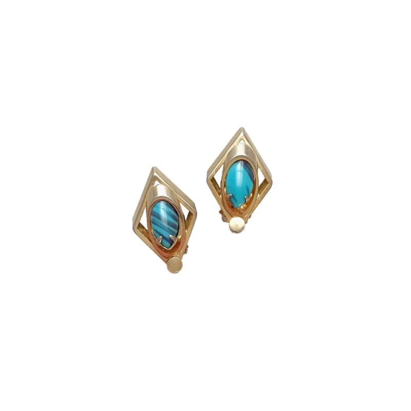 Vintage Blau Cabochon Und Rautenförmige Gold Ton Metall Ohrringe Clip-On von ArtDecoDame