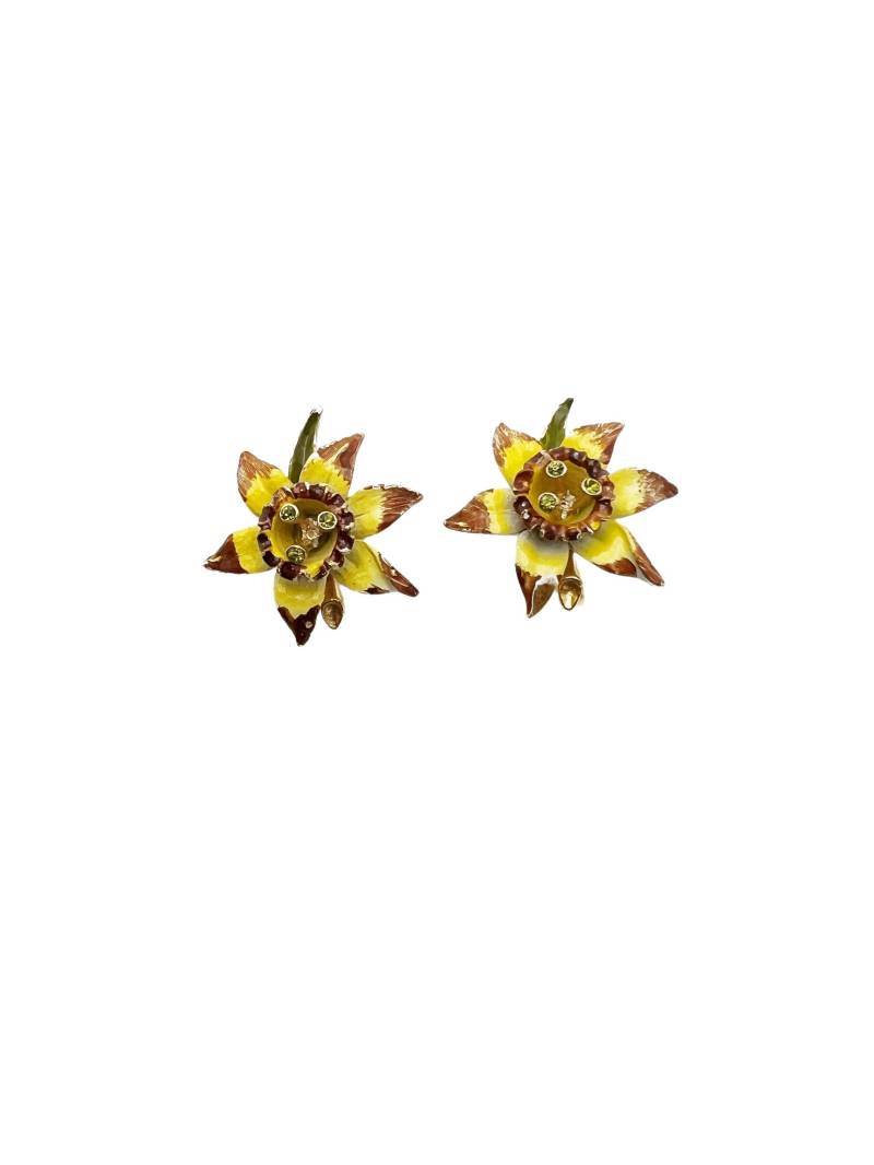 Vintage Gelb Und Braun Blumen Ohrringe Mit Peridot Grünen Strass Clip An von ArtDecoDame