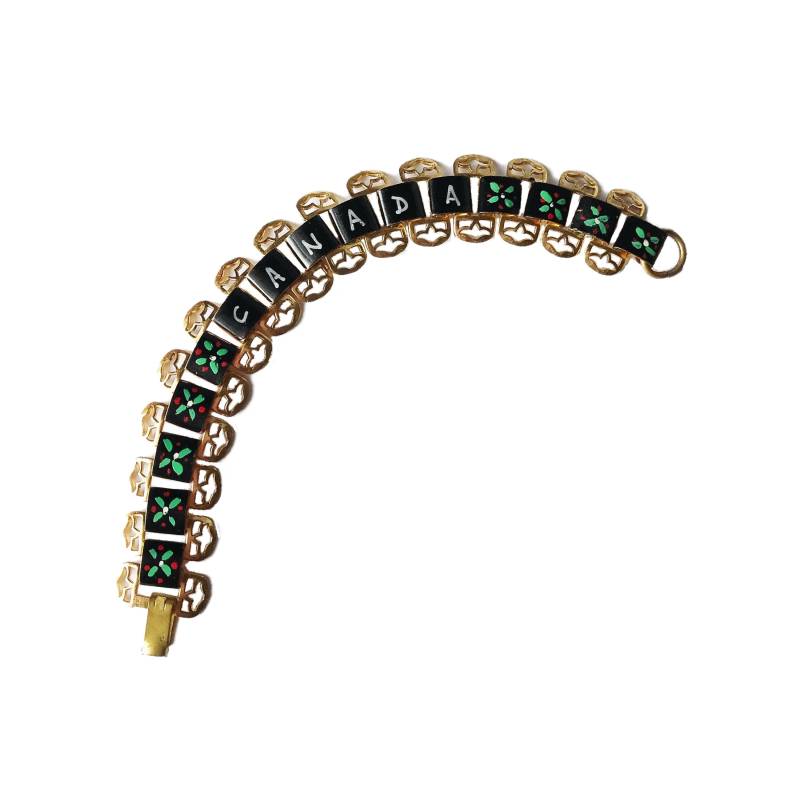Vintage Kanada Souvenir Armband Gold Ton Metall Schwarze Farbe Volkskunst Blumen von ArtDecoDame