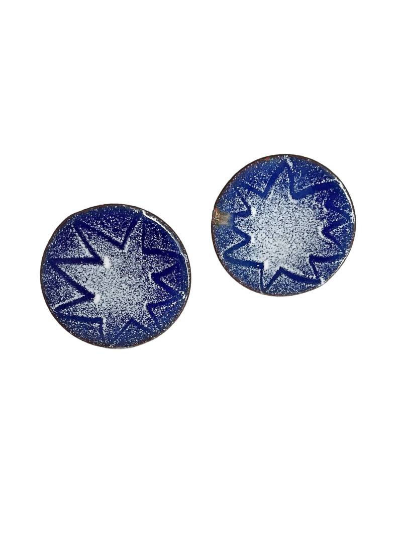 Vintage Kupfer Ohrringe Mit Blauer Und Weißer Emaille Als Schraubverschluss von ArtDecoDame