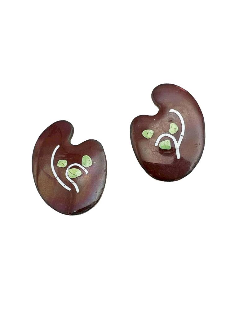 Vintage Midcentury Kupfer Emaille Ohrringe Abstrakt Braun Grün Weiß Schraubverschlüsse von ArtDecoDame