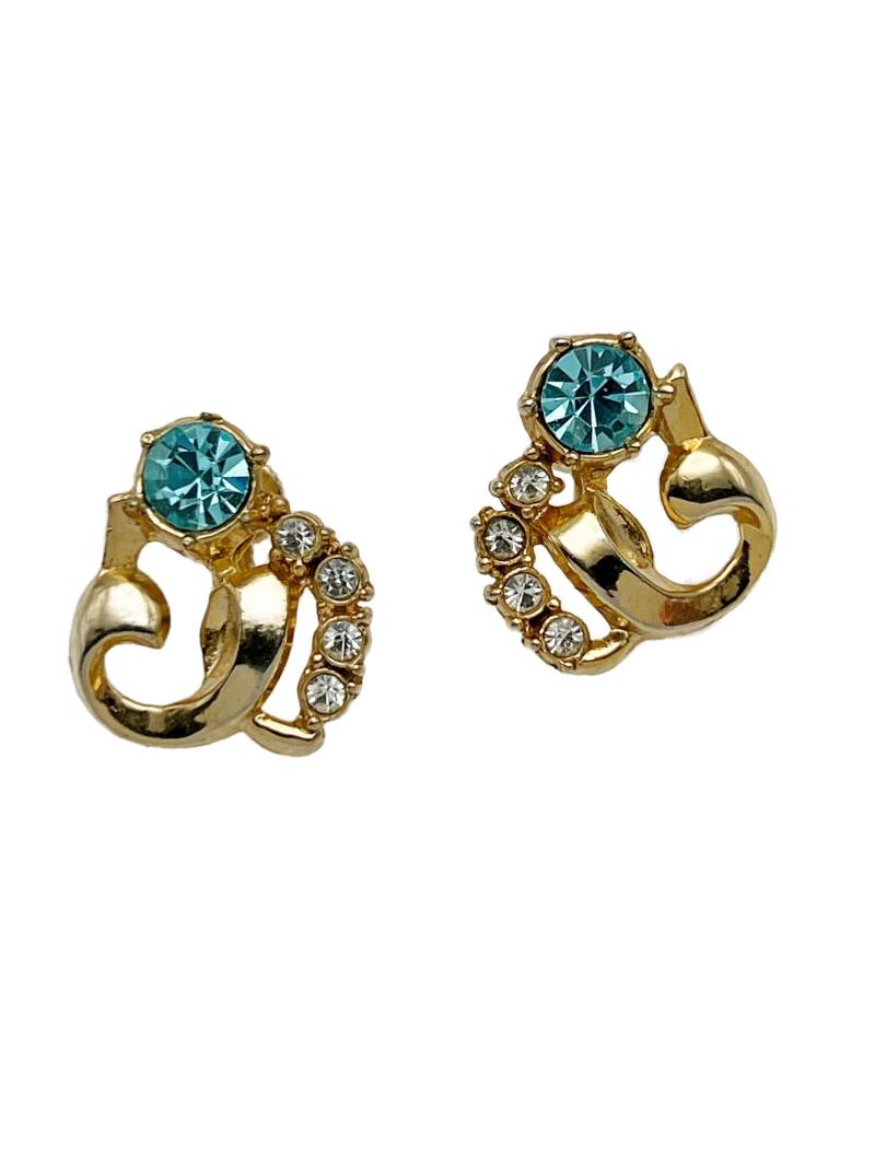 Vintage Ohrringe Aus Goldfarbenem Metall Mit Weissen Und Aqua Blauen Strasssteinen von ArtDecoDame
