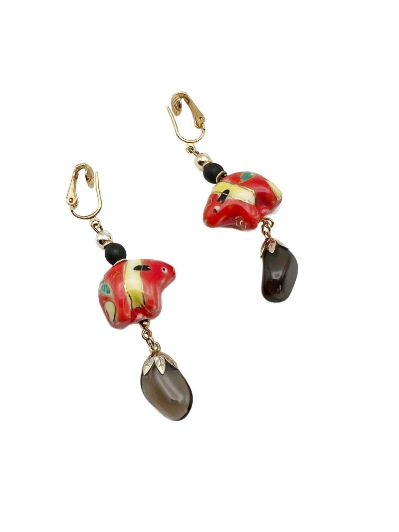 Vintage Orange Perle Baumeln Tier Und Rauchquarz Ohrringe Clip von ArtDecoDame