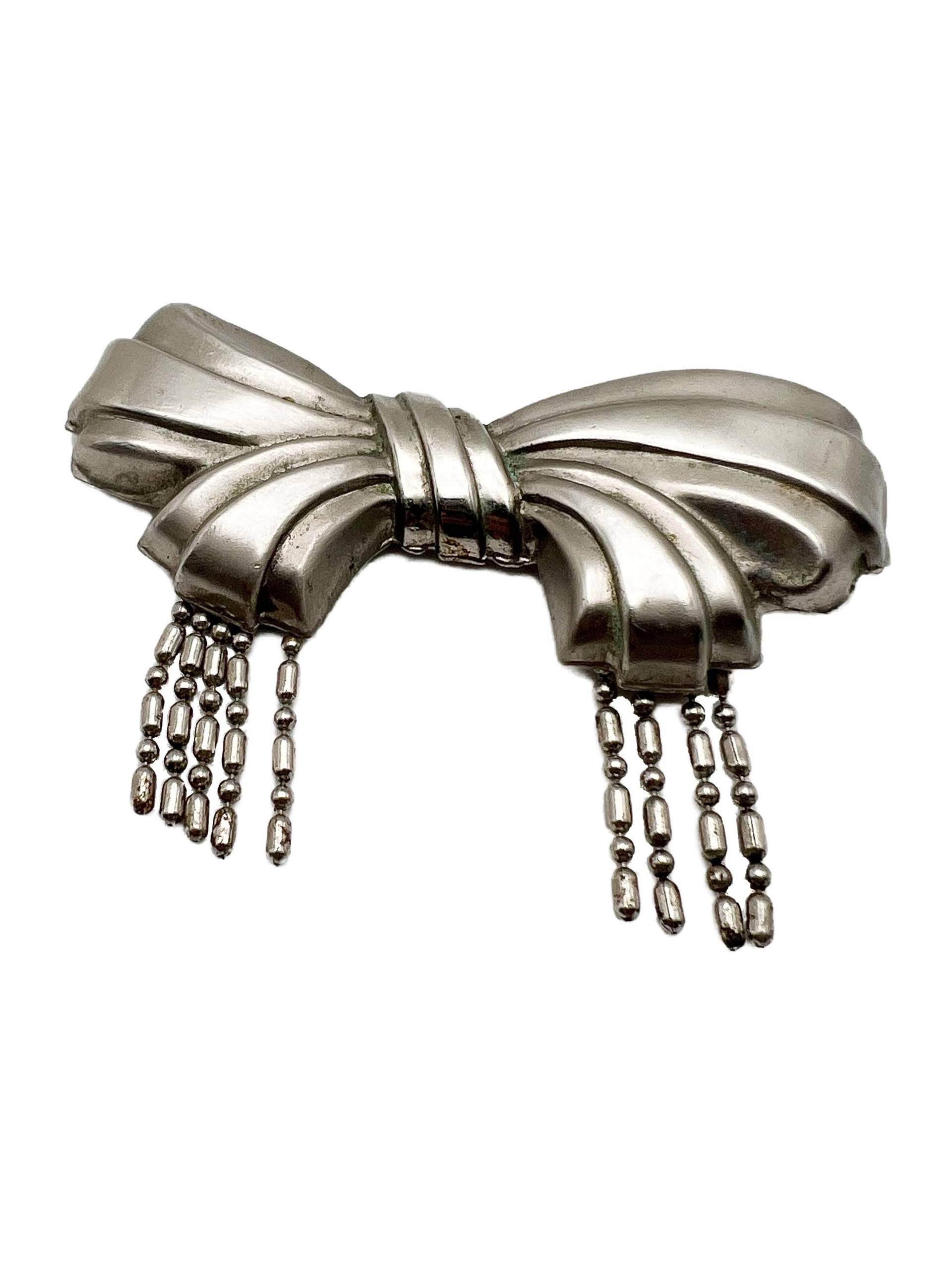 Vintage Schleifen-Brosche Aus Silberfarbenem Metall Mit Quasten von ArtDecoDame