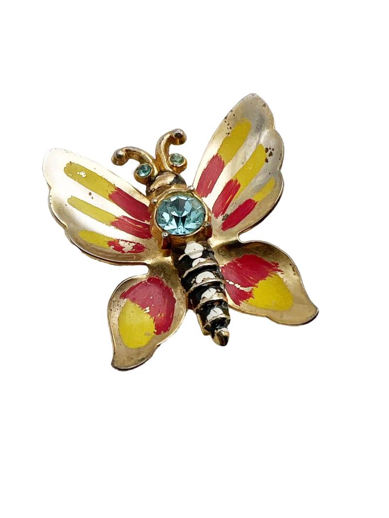 Vintage Schmetterling Brosche Strass Und Paint Auf Goldfarbenem Metall von ArtDecoDame