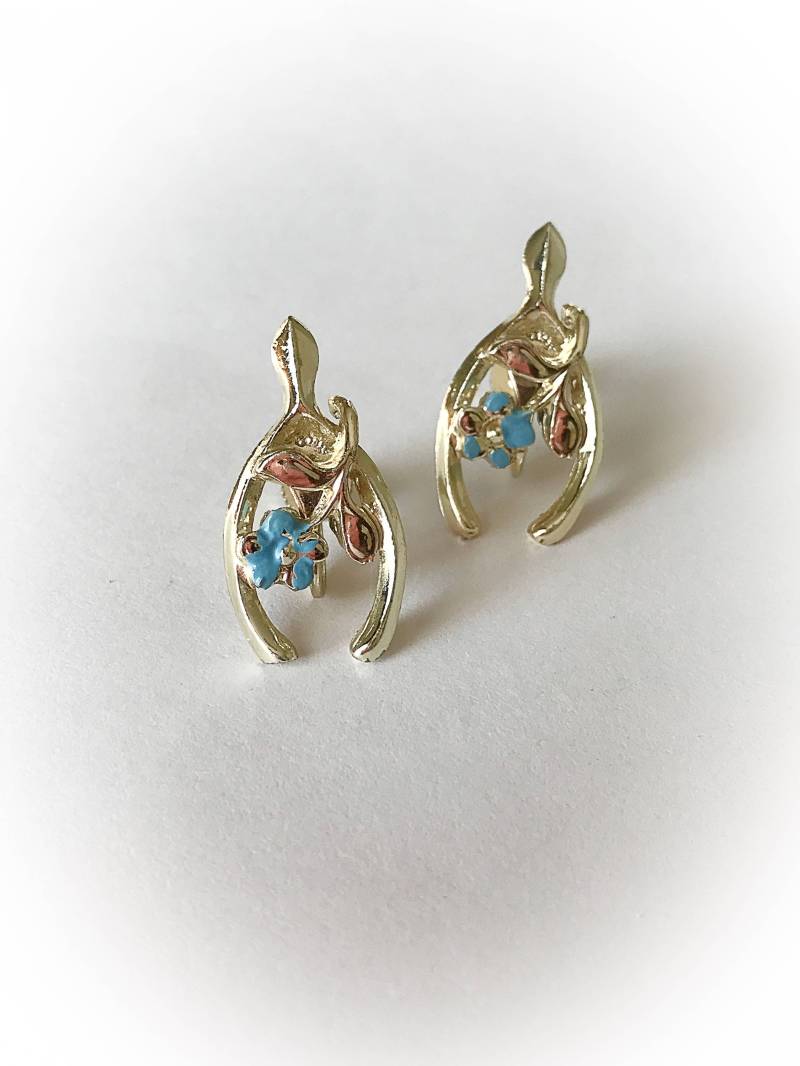 Vintage Wishbone Und Blumen Ohrringe Gold Ton Metall Screw Backs von ArtDecoDame