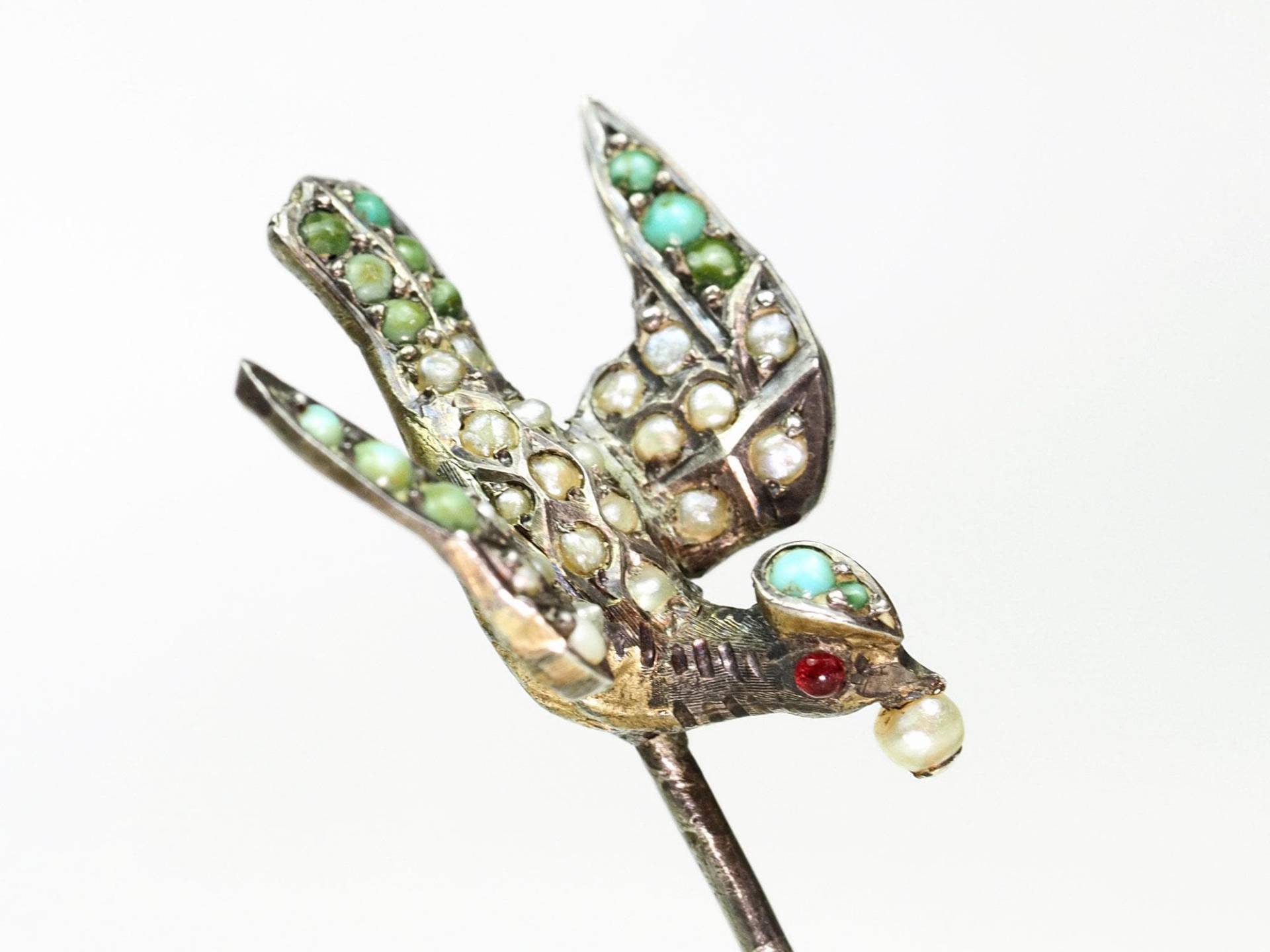 Antike Figürliche Vogel Hutnadel-Silber-Saatperlen-Türkis & Granate-Ca. Jahrhundert von ArtDecoGalaxy
