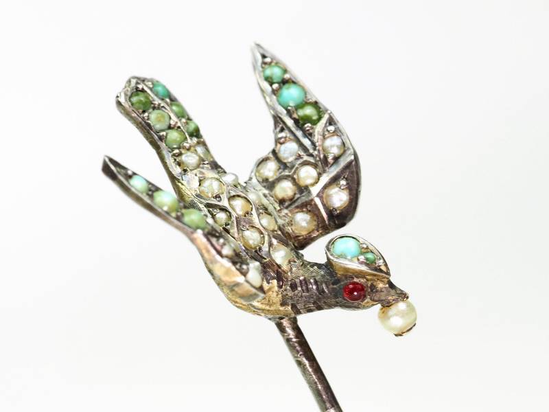 Antike Figürliche Vogel Hutnadel-Silber-Saatperlen-Türkis & Granate-Ca. Jahrhundert von ArtDecoGalaxy