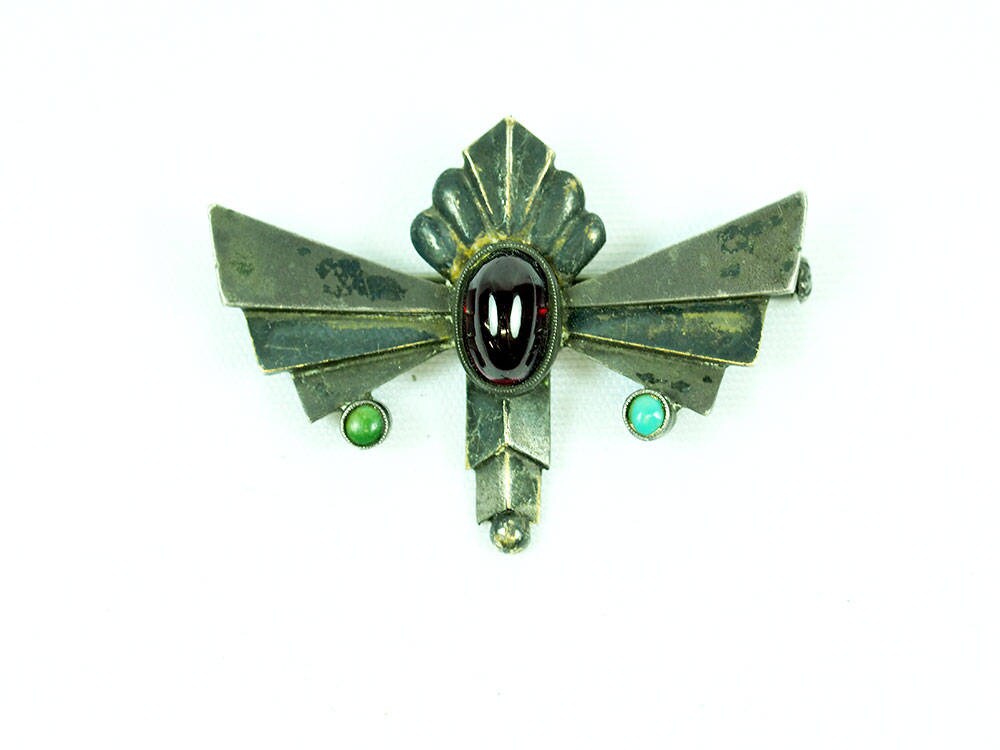 Antike Jugendstil Granat & Türkis Silber Brosche von ArtDecoGalaxy