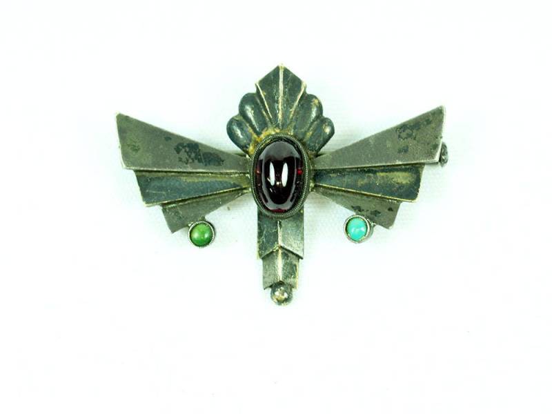 Antike Jugendstil Granat & Türkis Silber Brosche von ArtDecoGalaxy