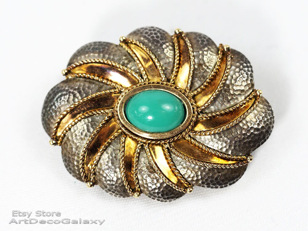 Art Deco Silber & Gold Mit Türkis Brosche-Circa 1930 von ArtDecoGalaxy