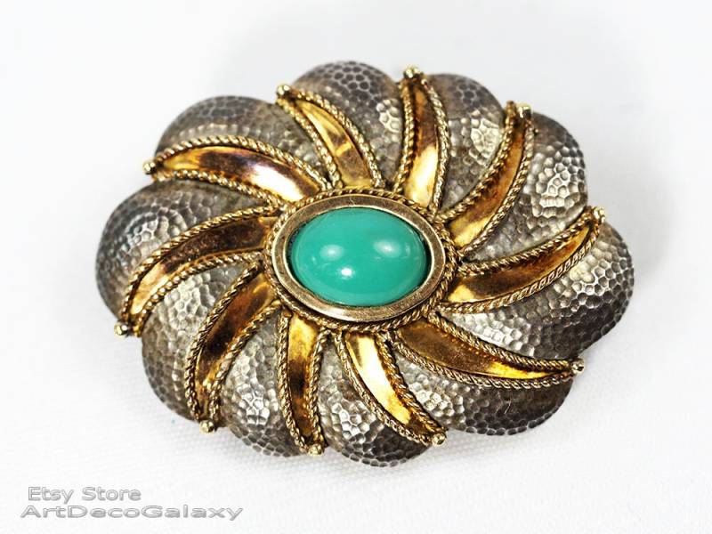 Art Deco Silber & Gold Mit Türkis Brosche-Circa 1930 von ArtDecoGalaxy