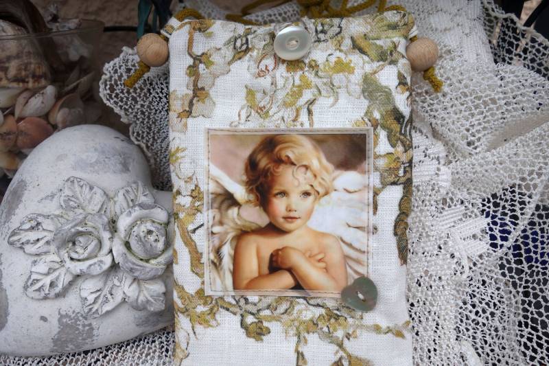 Kleine Leinentasche Engel Amor Vintage Klöppel Spitze Smartphone Handy Sehr Wertig Hochverarbeitet 5 von ArtDesignBySu