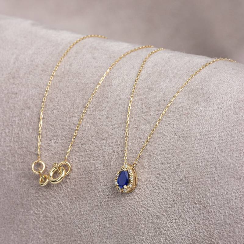 Saphir Echter Diamant Halo 14K Solid Gold Halskette, September Birthstone Anhänger von ArtDiamonds