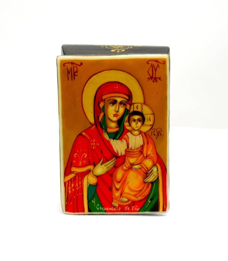 Lacguer Religiöse Schachtel/Russisch Orthodoxe Ikone Mutter Gottes Miniaturmalerei Sammlerstück Schmuckschatulle Handbemalt Kunstgeschenk von ArtGIV