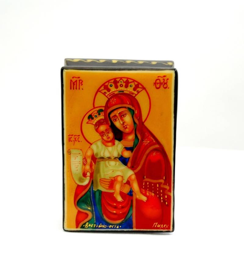 Lacguer Religiöse Schachtel/Russisch Orthodoxe Ikone Mutter Gottes Miniaturmalerei Sammlerstück Schmuckschatulle Handbemalt Kunstgeschenk von ArtGIV