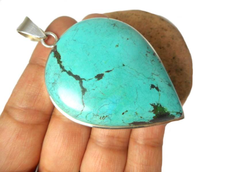 Große Chunky Blau Tibet Turquoise Sterling Silber 925 Edelstein Statement Anhänger von ArtGeckoJewellery