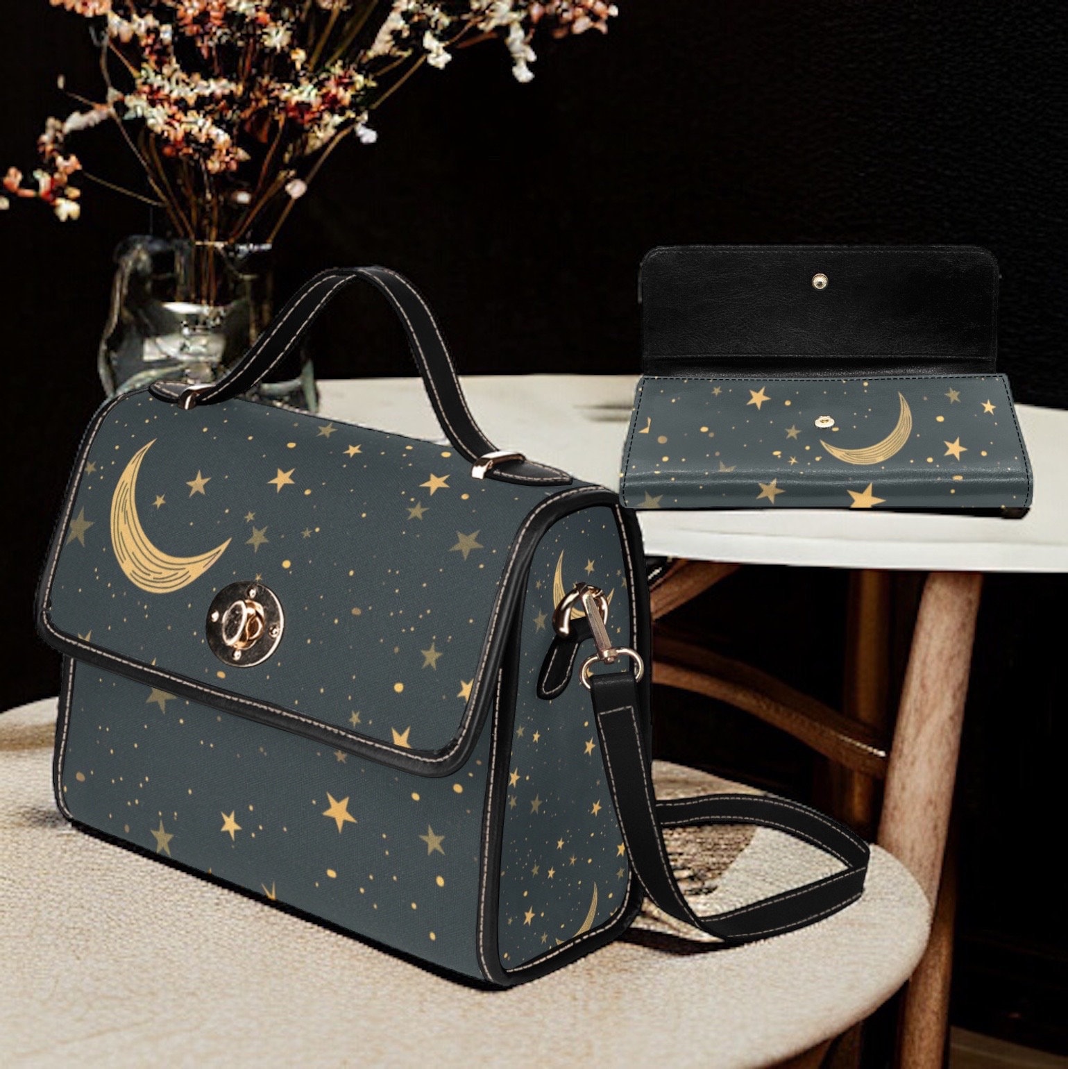 Cottagecore Hexe Canvas Umhängetasche, Süße Frauen Celestial Crossed Body Geldbörse, Niedliche Vegan Lederband Handtasche Goth Tasche, Hippies von ArtGuion