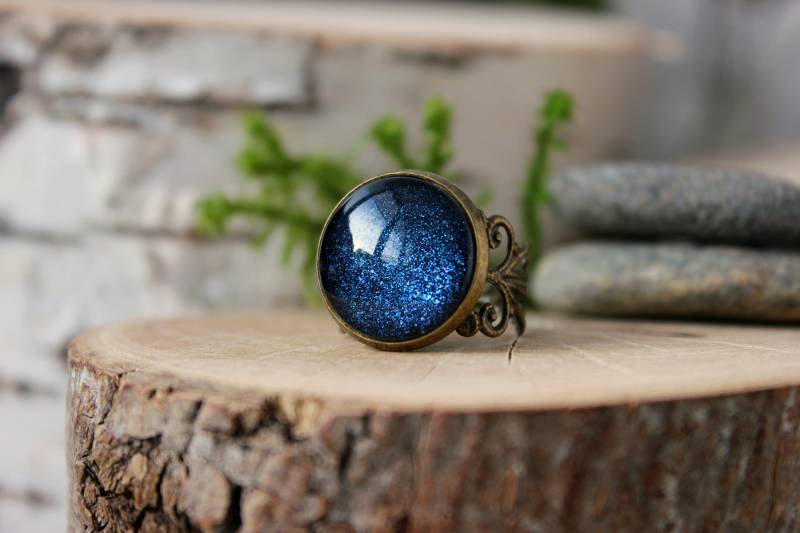 Dunkelblauer Ring | Antik Bronze Verstellbarer Galaxy Blauer Glasring Personalisierter Schmuck von ArtHarmony