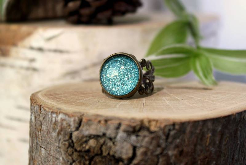Glitzer Ring | Türkis Glitzernden Glitzer-Schmuck Prickelnde Funkeln Sea Green Glitter Verstellbarer von ArtHarmony