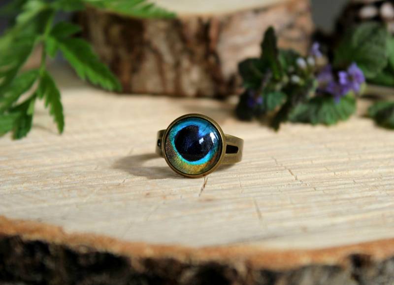 Pfau Ring | Pfau-Schmuck Feder Verstellbarer Antike Bronze Glas-Kuppel-Ring von ArtHarmony