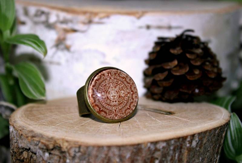 Runde Maya Kalender Ring | Antike Bronze Alten Schmuck Verstellbarer von ArtHarmony