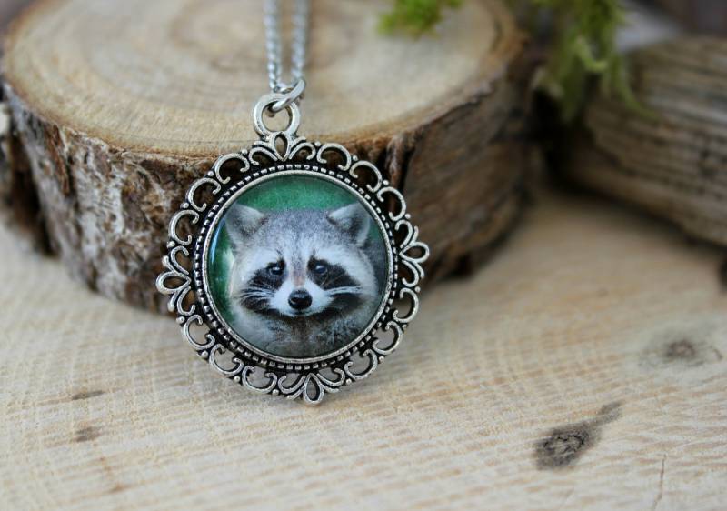 Waschbär Halskette | Anhänger Silberfarbene Tierschmuck Glaskuppel Schmuck von ArtHarmony