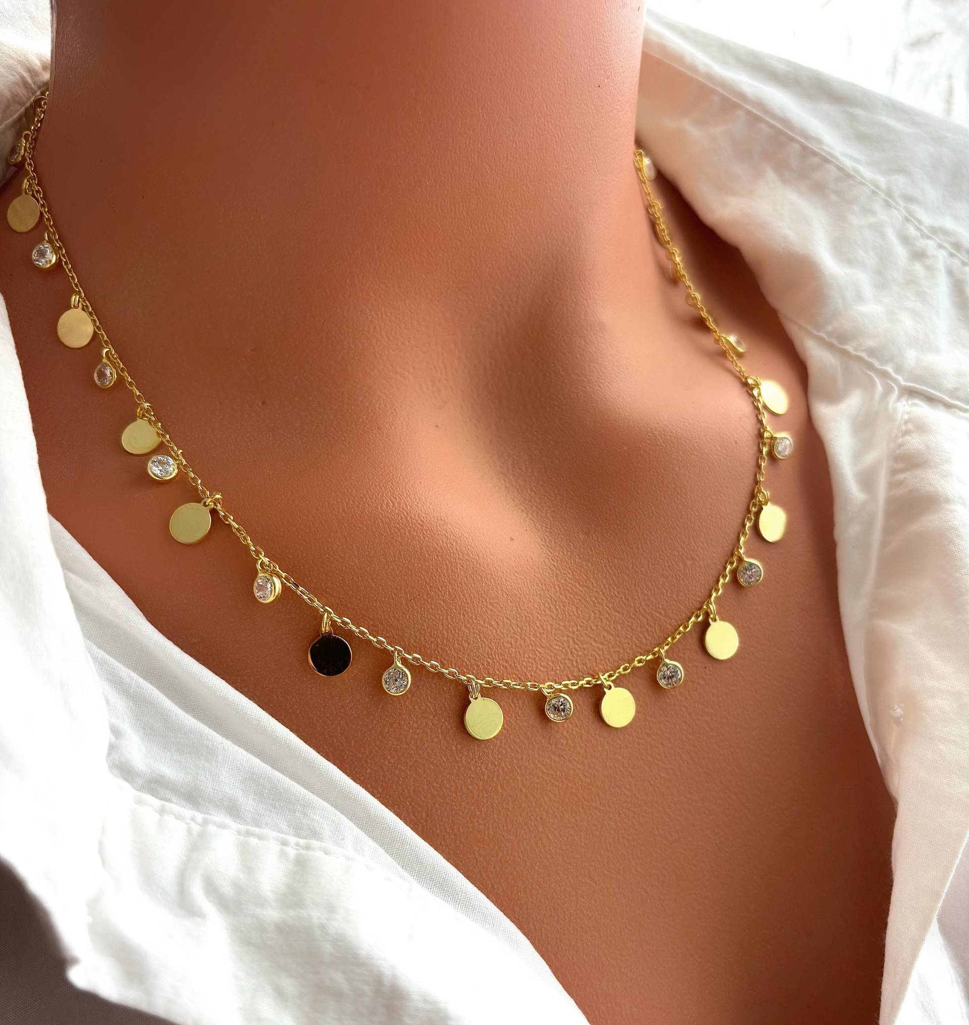 Sterling Silber Disc Drop Halskette Zirkon Strass Schmuck Für Jeden Tag Sterling Silber Disc Drop Halskette Zirkon Strass Schmuck Für Jeden Tag von ArtJewelrybyHilal