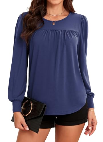 ArtJuly T-Shirt Damen Tunika Rundhals Plissee Vorne Bluse Solide Puffärmel Langarm Oberteil Tops Langarmshirt mit Laternenärmeln Longshirt Festliches Oberteile,DunkelGrau M von ArtJuly