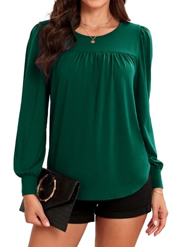 ArtJuly T-Shirt Damen Tunika Rundhals Plissee Vorne Bluse Solide Puffärmel Langarm Oberteil Tops Langarmshirt mit Laternenärmeln Longshirt Festliches Oberteile,Dunkelgrün XL von ArtJuly