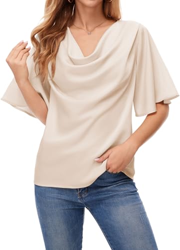 ArtJuly Bluse Damen Sommer Elegant Satin Blusen Kurzarm Wasserfallkragen Tunika Tops Glockenärmel Kurzarm Lockerer Shirt Fließende Festliche Oberteile Top,Aprikose,2XL von ArtJuly