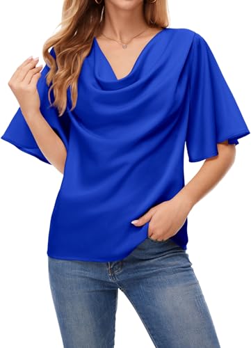 ArtJuly Damen Oberteile Elegant Sommer Glockenärmel Satin Bluse Kurzarm Wasserfallkragen Blusen Lockerer Tunika Tops Einfarbig Festliche Blusen & Tuniken für Damen,Königsblau,L von ArtJuly