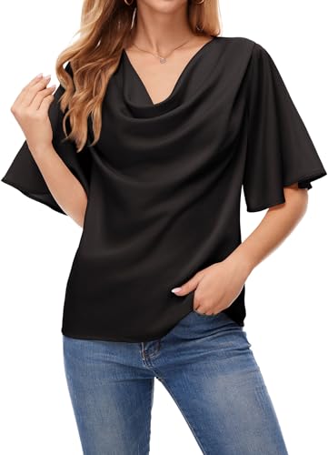 ArtJuly Bluse Damen Sommer Elegant Satin Blusen Kurzarm Wasserfallkragen Tunika Tops Glockenärmel Kurzarm Lockerer Shirt Fließende Festliche Oberteile Top,Schwarz,2XL von ArtJuly