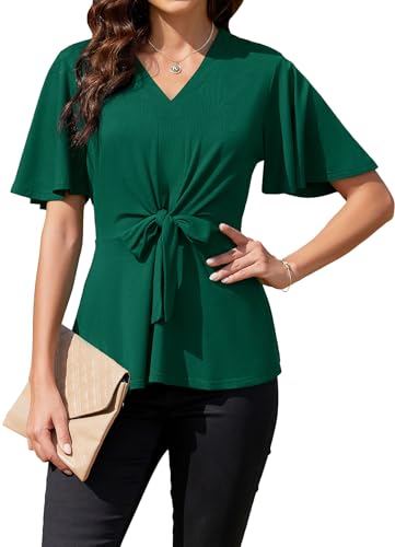 ArtJuly Bluse Damen Sommer Wickelbluse Elegant Oberteile Glockenärmel V-Ausschnitt Kurzarm A-Linie Casual Shirts Business Tunika Tops Festliche Blusen Damenblusen mit Rüschen,Dunkelgrün,L von ArtJuly