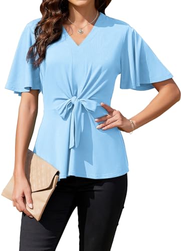 ArtJuly Bluse Damen Sommer Wickelbluse Elegant Oberteile Glockenärmel V-Ausschnitt Kurzarm A-Linie Casual Shirts Business Tunika Tops Festliche Blusen Damenblusen mit Rüschen,Hellblau,M von ArtJuly