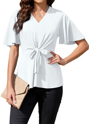 ArtJuly Bluse Damen Weiß V-Ausschnitt Oberteile Glockenärmel Bluseshirt Business Sommerbluse A-Linie Elastische Taille Wickelbluse Tunika Kurzarm Festliche Blusen Blusen & Tuniken für Damen,Weiss,M von ArtJuly