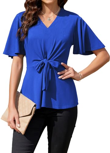 ArtJuly Bluse Damen Sommer Wickelbluse Elegant Oberteile Glockenärmel V-Ausschnitt Kurzarm A-Linie Casual Shirts Business Tunika Tops Festliche Blusen Damenblusen mit Rüschen,Königsblau,2XL von ArtJuly