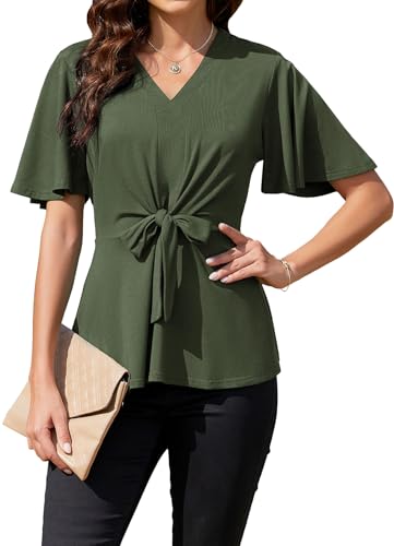 ArtJuly Bluse Damen Sommer Wickelbluse Elegant Oberteile Glockenärmel V-Ausschnitt Kurzarm A-Linie Casual Shirts Business Tunika Tops Festliche Blusen Damenblusen mit Rüschen,Olivgrün,S von ArtJuly